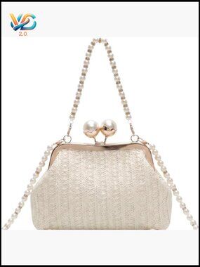 Chic Straw Clutch Purse with Pearl Handle Summer Beach Bag Woven Handbag